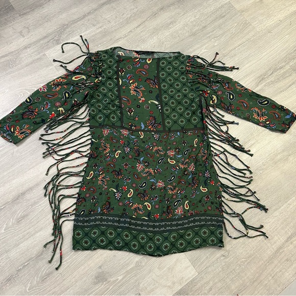Zara Woman XS Boho Green Paisley Satin Tunic Dress with Fringes - Picture 4 of 6